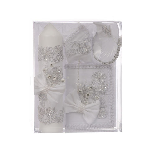 Rain Kids Unisex White Bow Flower Applique Spanish Version Baptism Candle Set - SophiasStyle.com